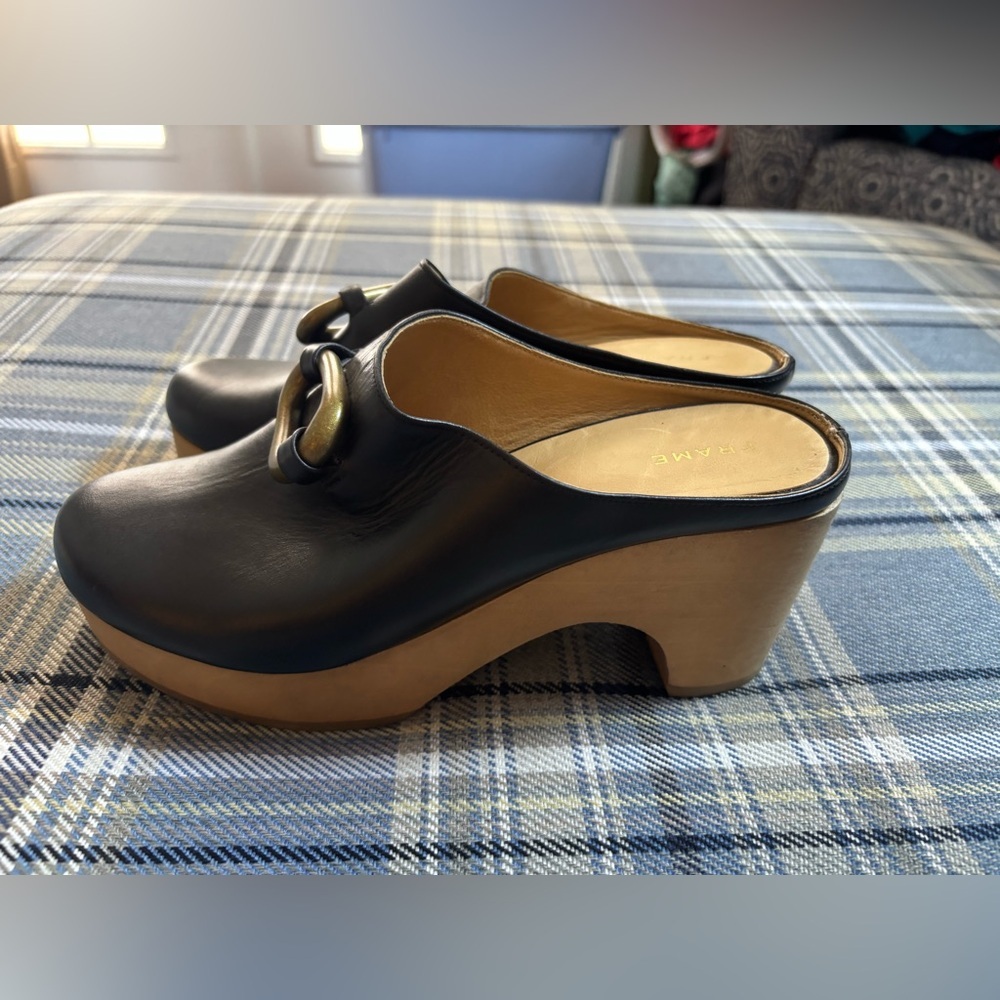 Frame Le‎ Lone Leather Platform Clog Tobacco Black Size 7.5/8 US / 38 EU